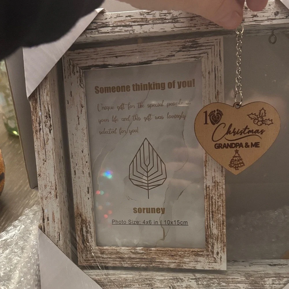 1st Christmas Grandpa and Me Rustic White Photo Frame with Heart Charm